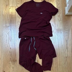 Figs Maroon V-Neck Scrub Set top and bottom